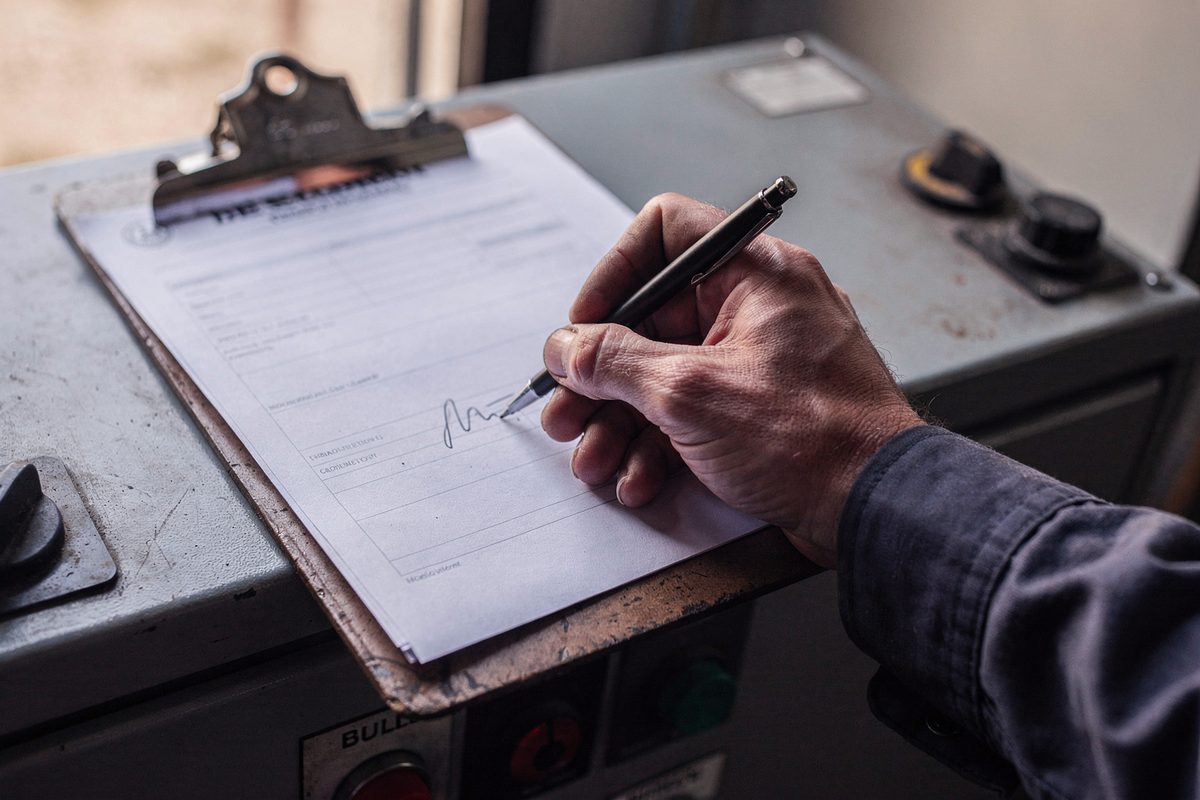 Technician signing a commissioning inspection sheet on a clipboard